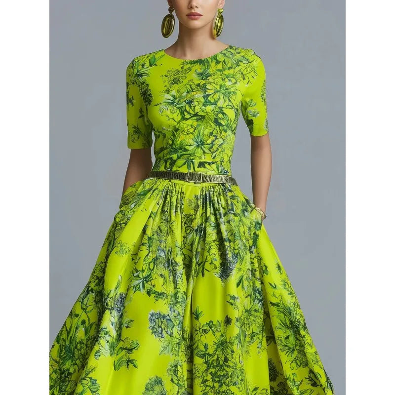 Green Floral Print A-Line Maxi Dress
