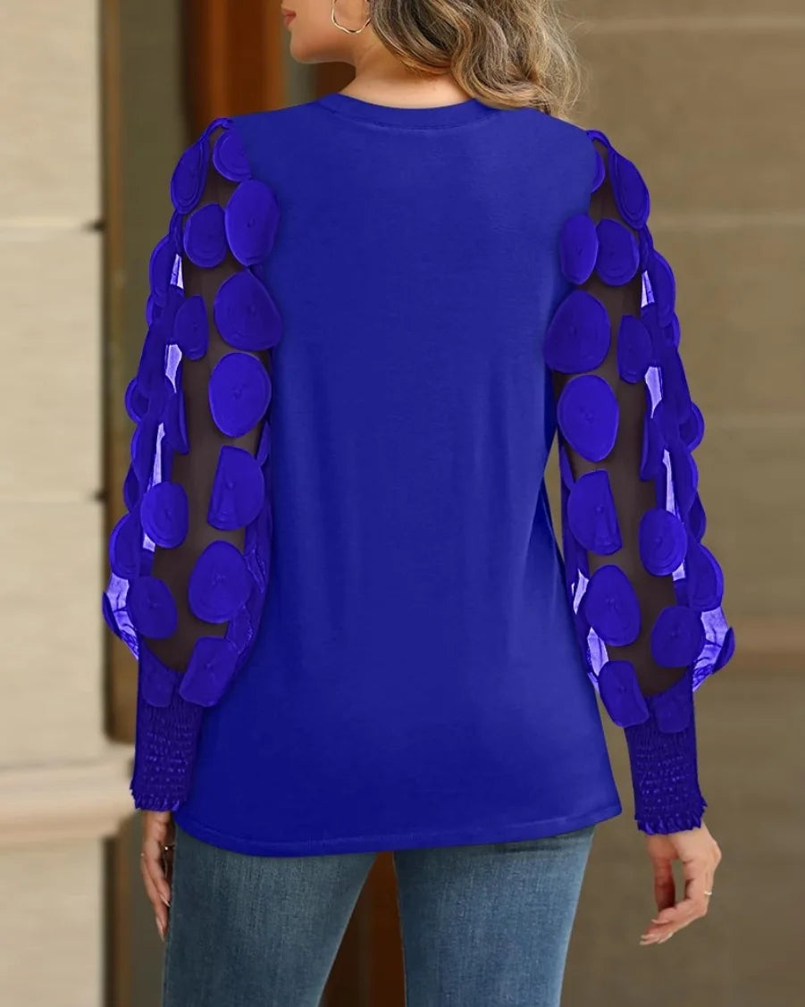Women's Pleated Blouse with 3D Floral Mesh Sleeve