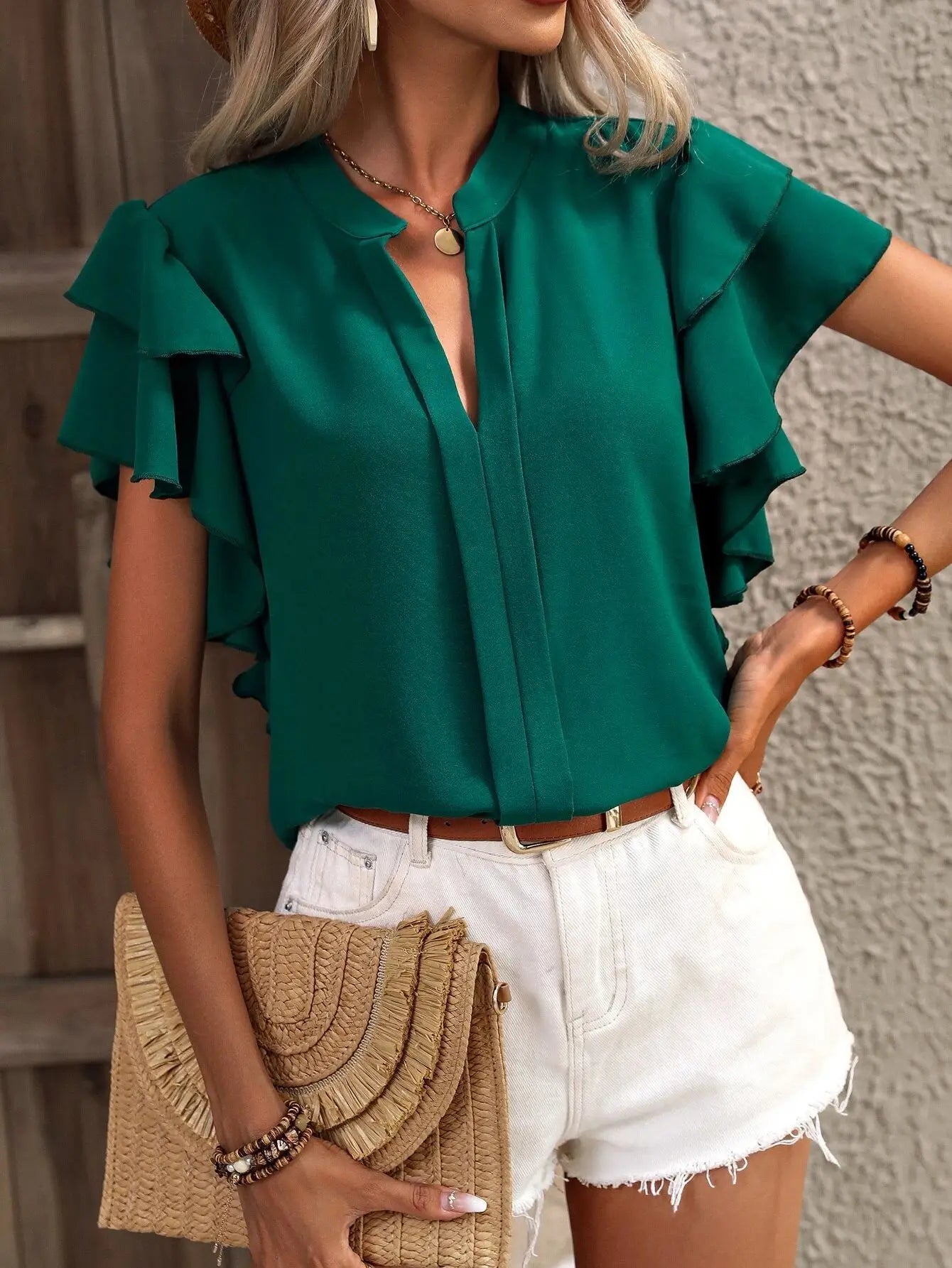 V-neck Ruffle Sleeve Solid Color Blouse