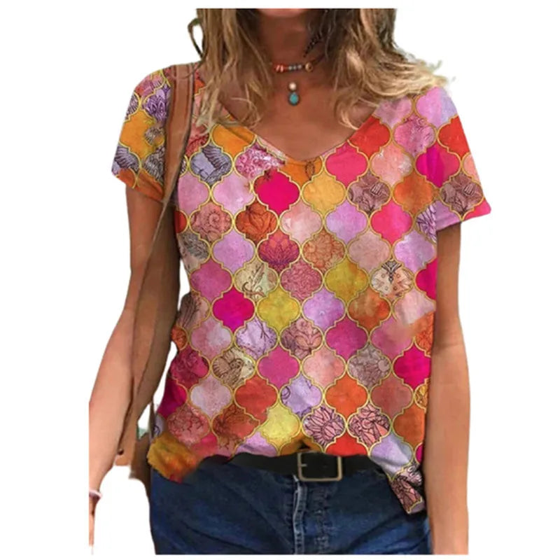 Women's Floral 3D Print V-Neck T-Shirt