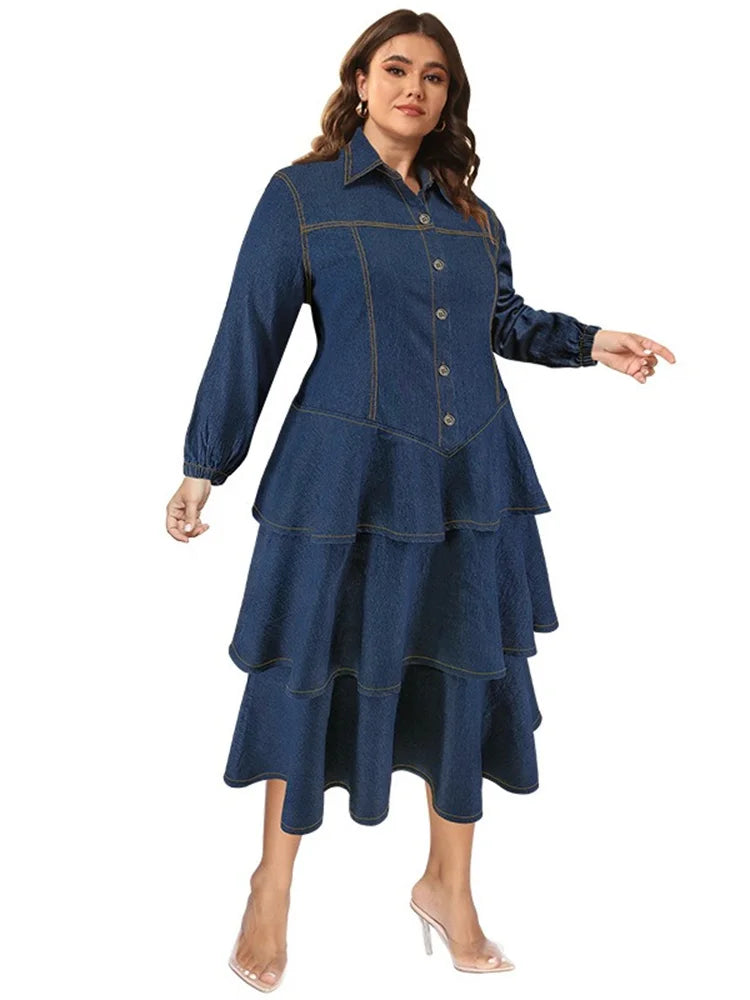 Blue Denim Tiered Ruffle Midi Dress