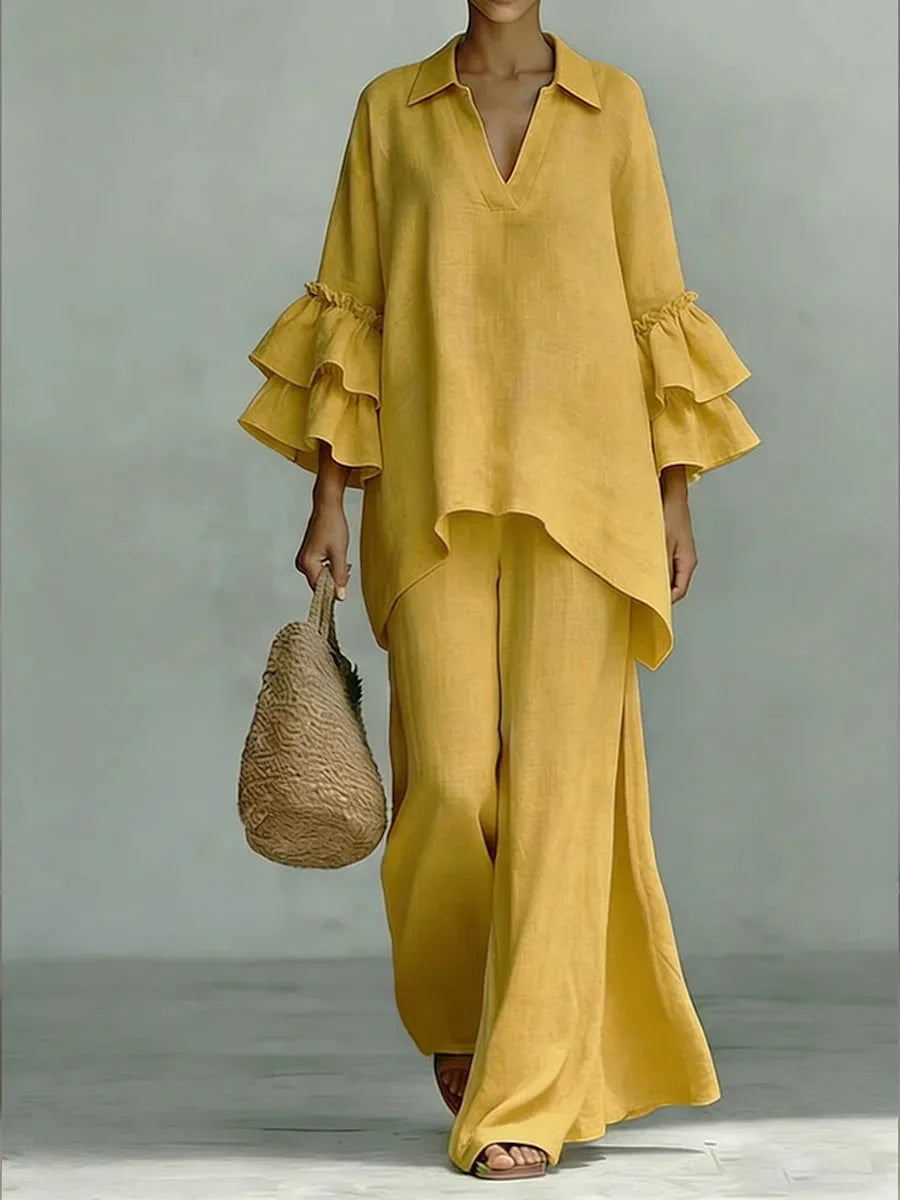 Women's 2-Piece Wide-Leg Pants Set with Ruffle Sleeves