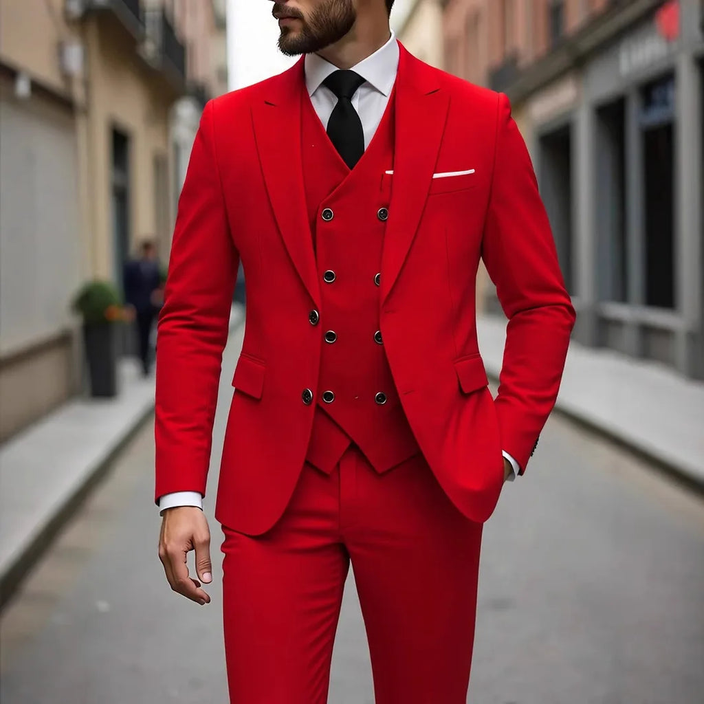 Man wearing a red suit with a blurred street background