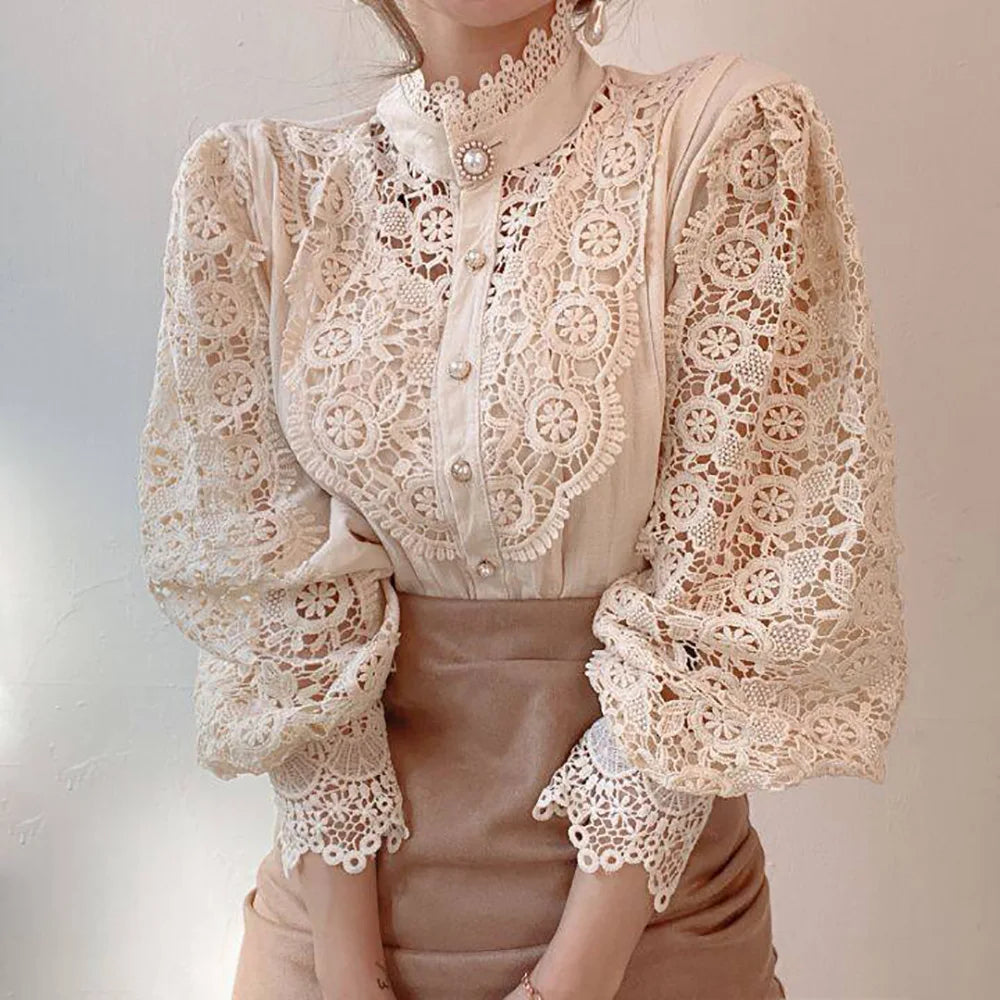 Vintage Lace Long Sleeve Pearl Button Blouse