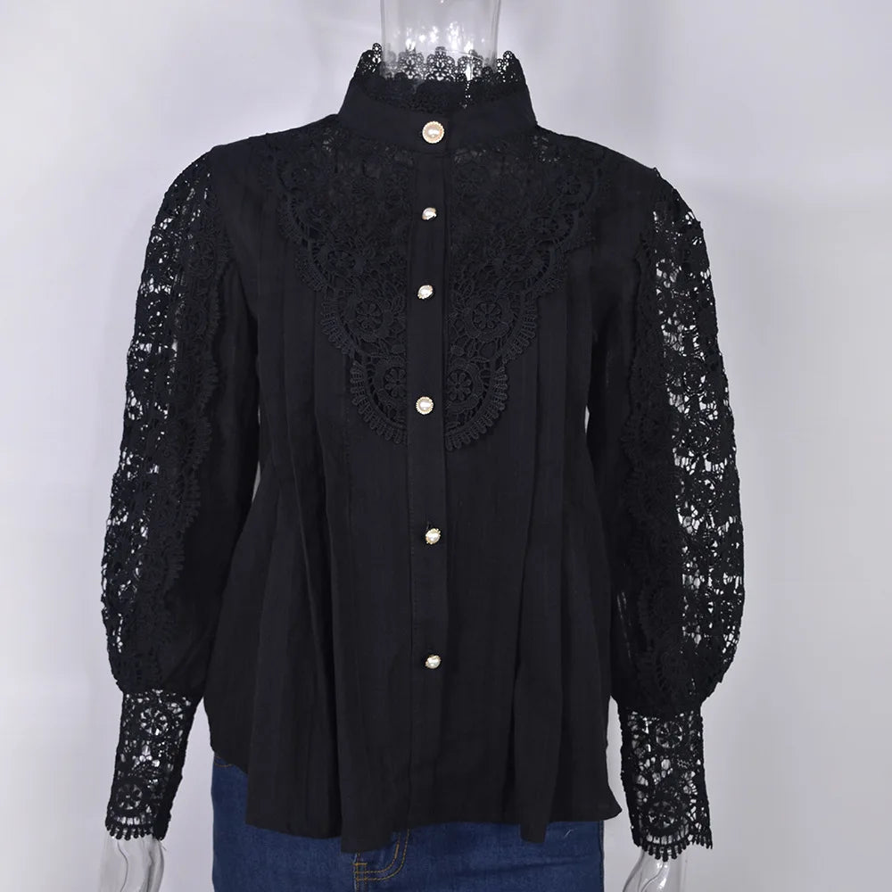 Vintage Lace Long Sleeve Pearl Button Blouse