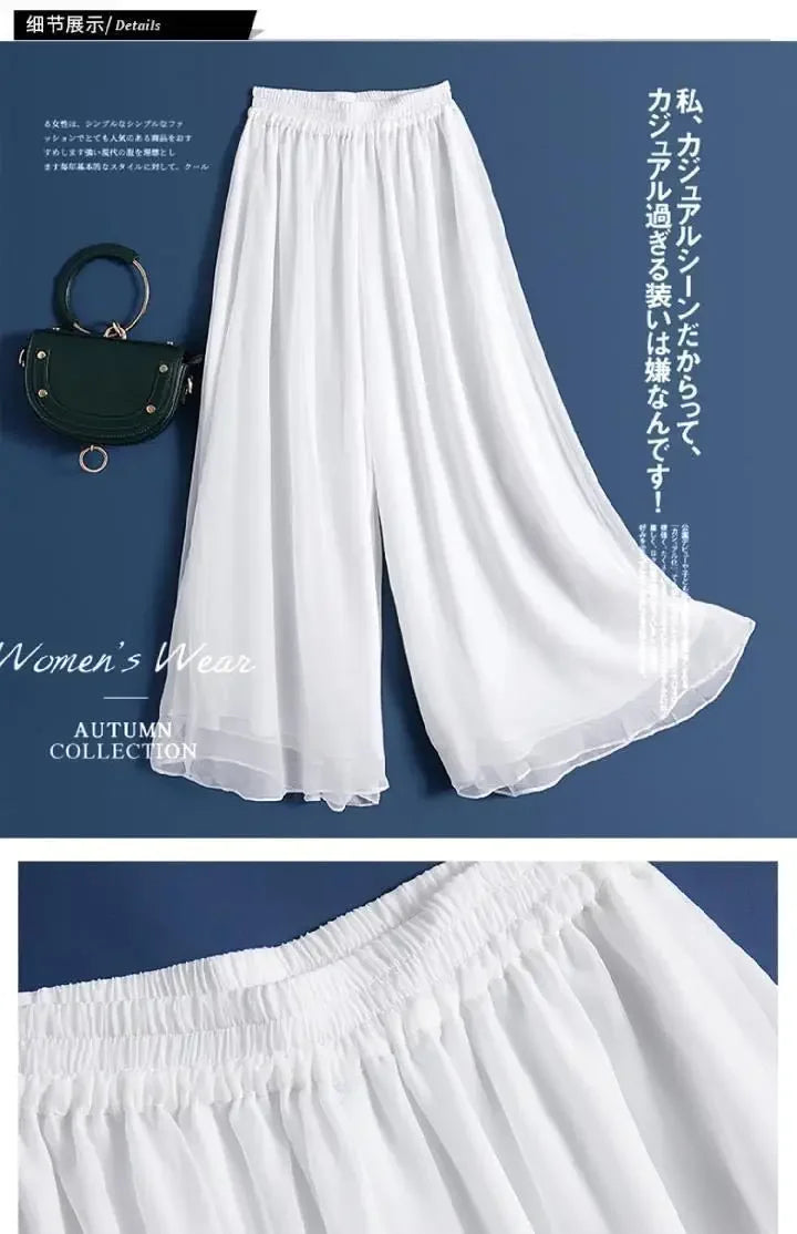 New Summer White Drape Chiffon Wide-Leg Pants Casual Chiffon Trousers Pants Women Clothing Loose High Waist Slim Skirt bd67 Bazaare Mart
