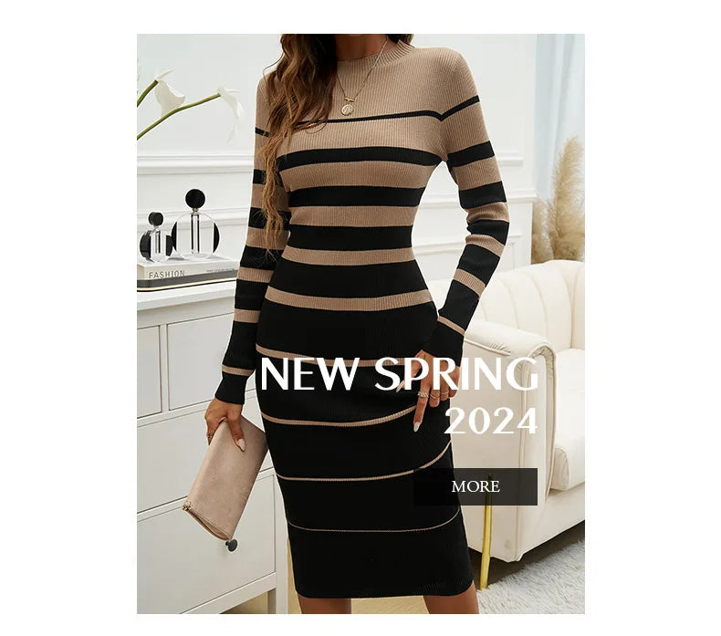 Long Sleeve Slim Fit Striped Contrasting Midi Dress