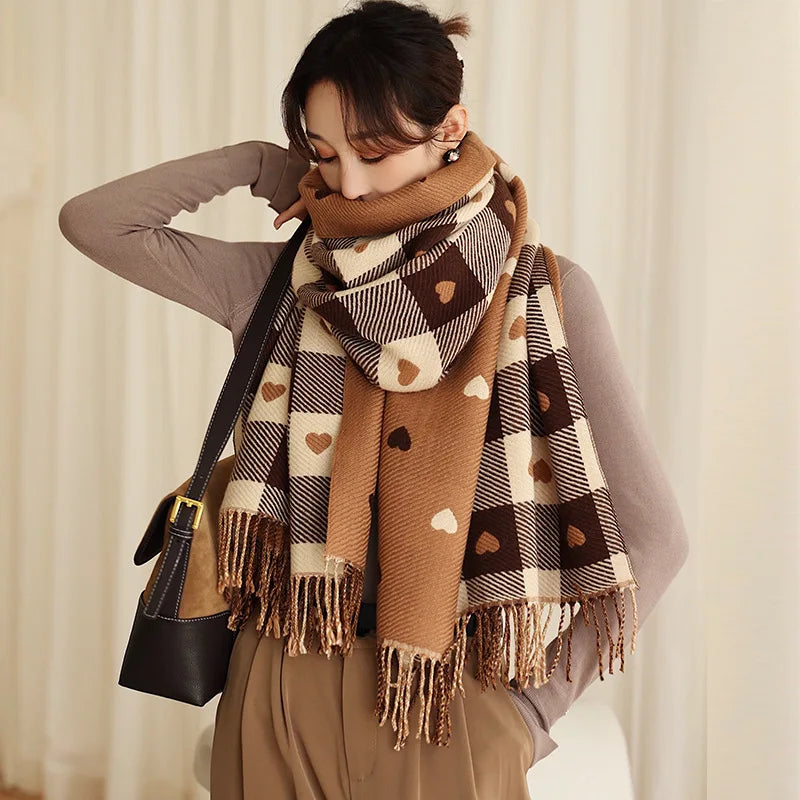 Thick Plaid Tasseled Scarf One Size Khaki China Mainland Bazaare Mart Thick Plaid Tasseled Scarf