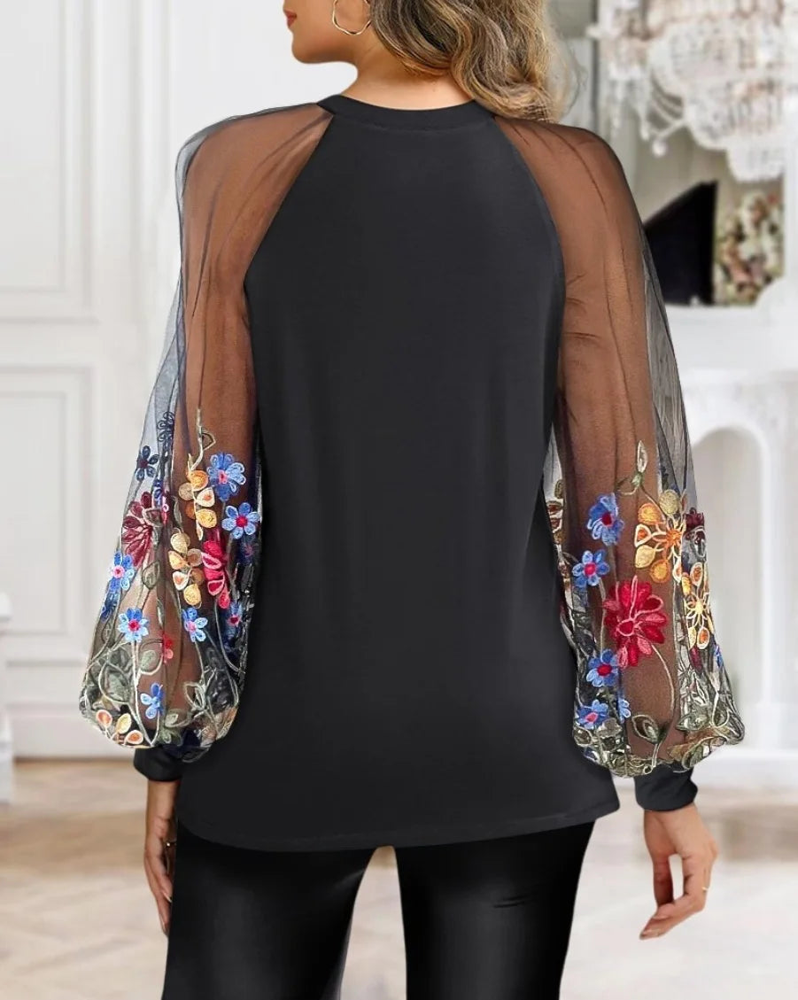 Women's Pleated Blouse with 3D Floral Mesh Sleeve