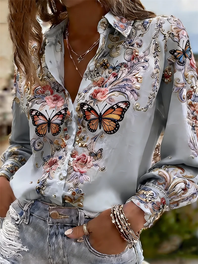 Women’s 3D Floral Print Button-Up Shirt – Long Sleeve Branch Pattern Collared Blouse AO725 Bazaare Mart Blouses