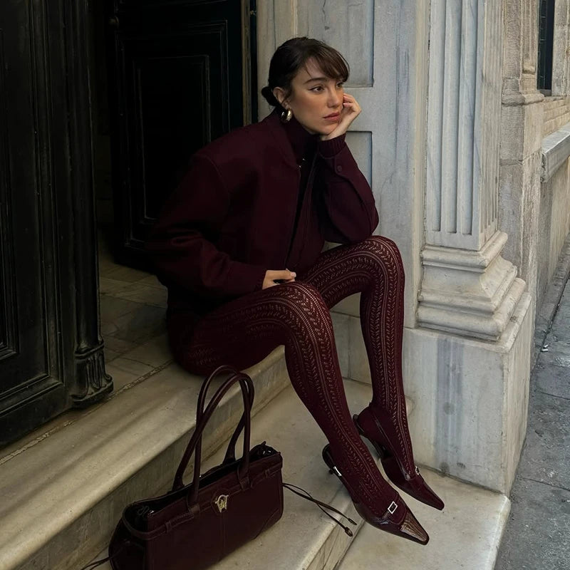Lolita Vintage Hollow Out Tights wine red Bazaare Mart Knit Tights