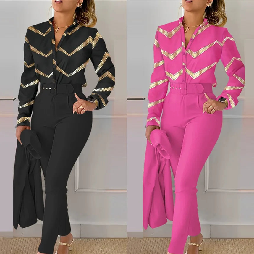 Print Long Sleeve Shirt Matching Pants Sets With Belt