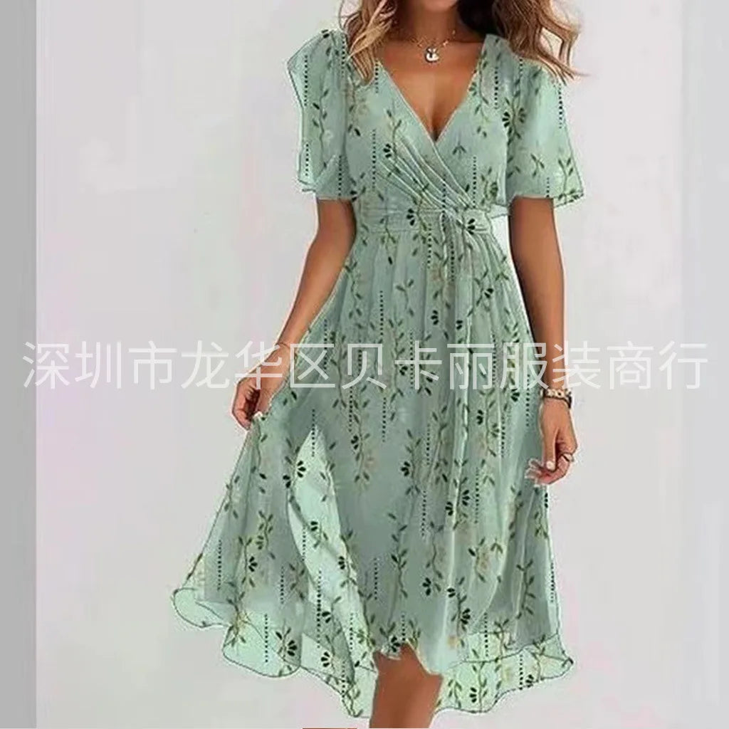 Elegant Floral Surplice Midi Dress Lightgreen bamboo 11 Bazaare Mart Surplice Midi Dress