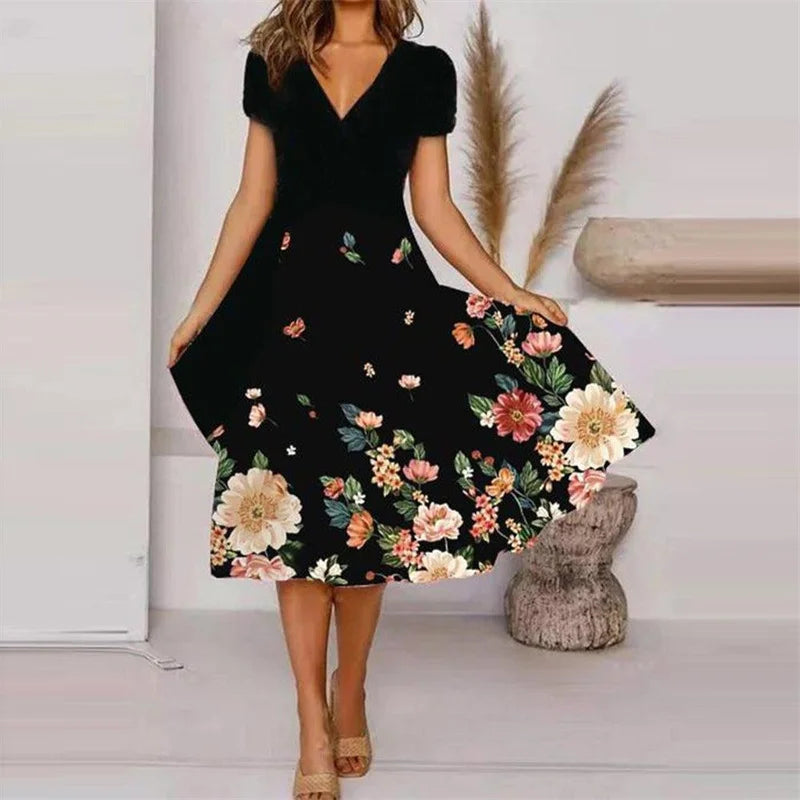 Fashion Flower Print V Neck Short Sleeve Dress Trend Streetwear Ladies Summer Vacation Casual Commuter Dressy Women Big Hem Gown Bazaare Mart