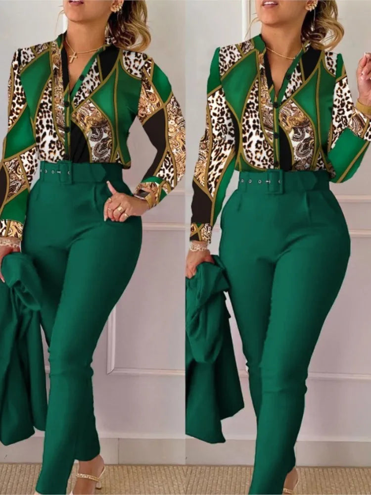 Print Long Sleeve Shirt Matching Pants Sets With Belt