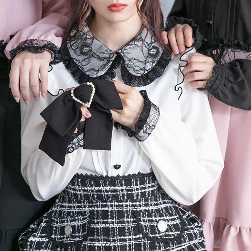 Women's Kawaii Lolita Blouse – Japanese-Inspired Peter Pan Collar Shirt with Lace & Bow Details 22 shirt Bazaare Mart Blouse