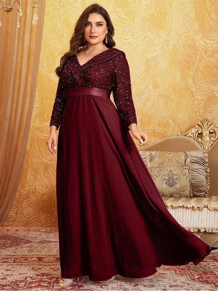 V Neck Sequined Long Sleeve Chiffon Evening Gown Burgundy Bazaare Mart Long Sleeve Evening Gown