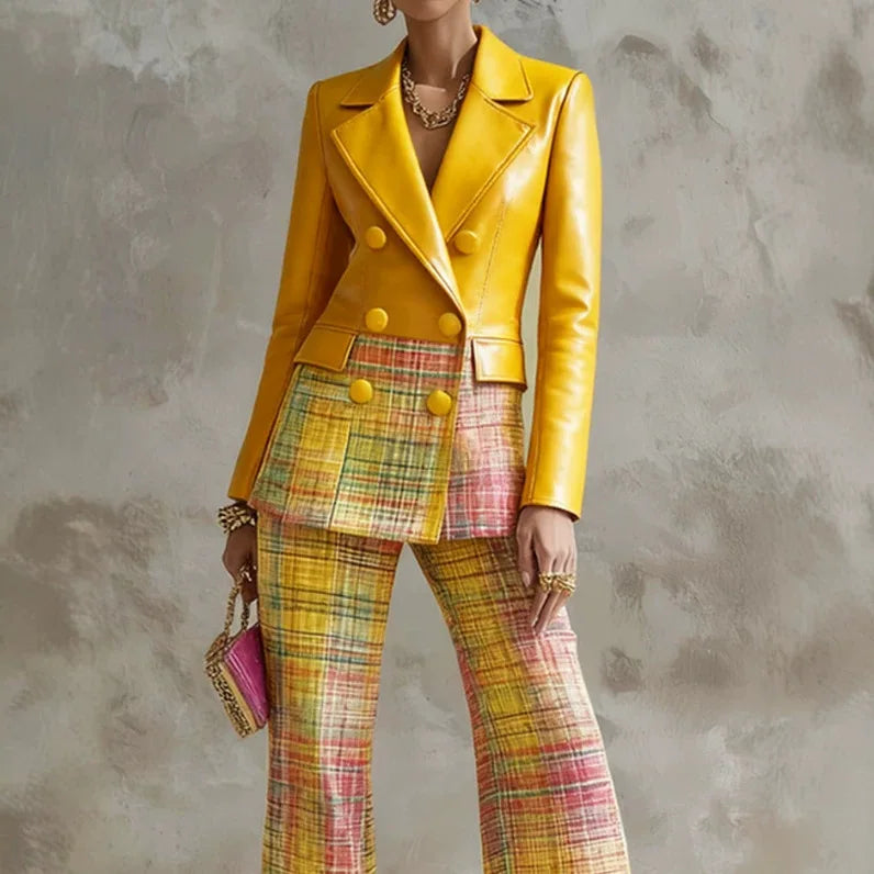 PU Leather Blazer & Plaid Flare Pants Set
