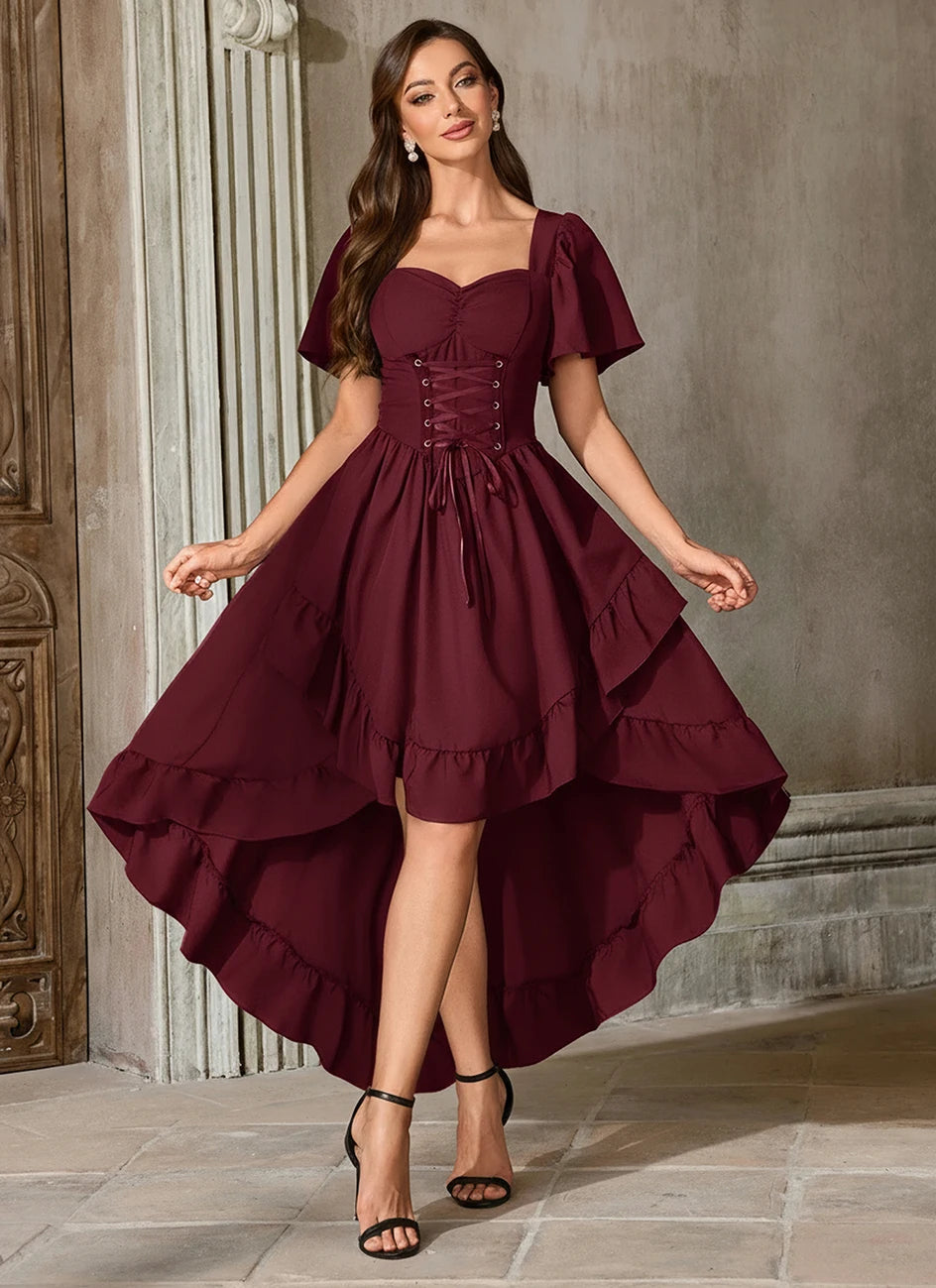 Burgundy High-Low Renaissance Dress with Corset-Style Bodice