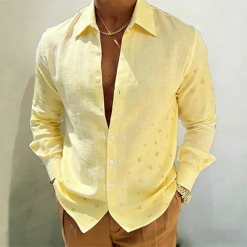 Men's Gold Baroque Print Button-Up Shirt – Long Sleeve Statement Shirt
