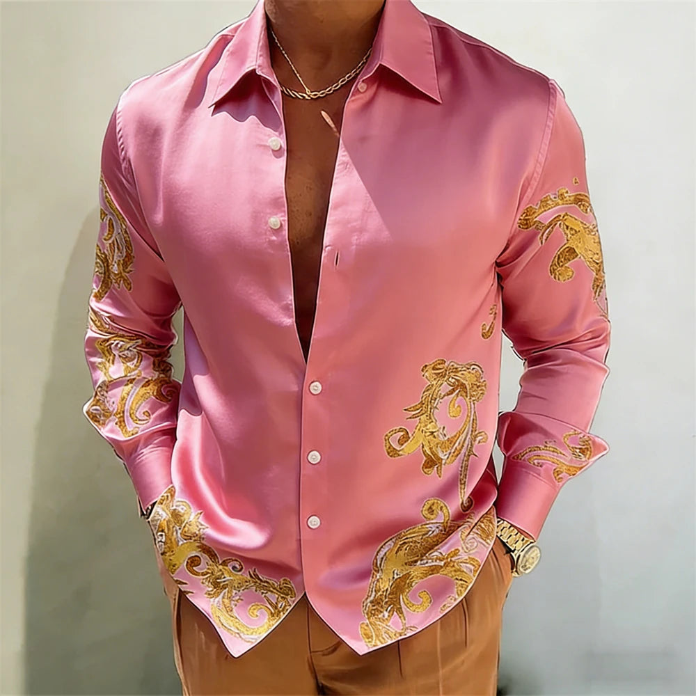 Men's Gold Baroque Print Button-Up Shirt – Long Sleeve Statement Shirt