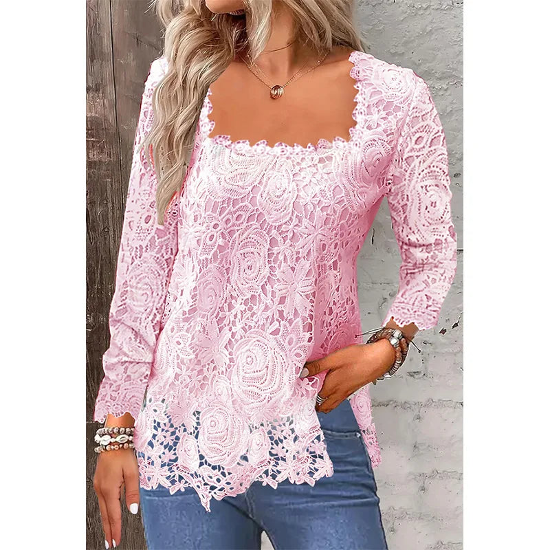 U Collar Long Sleeve Lace Loose T-shirts Summer Women Lace Patchwork Hollow Out Baggy Tee Shirt Tops MYH-myh221 Bazaare Mart
