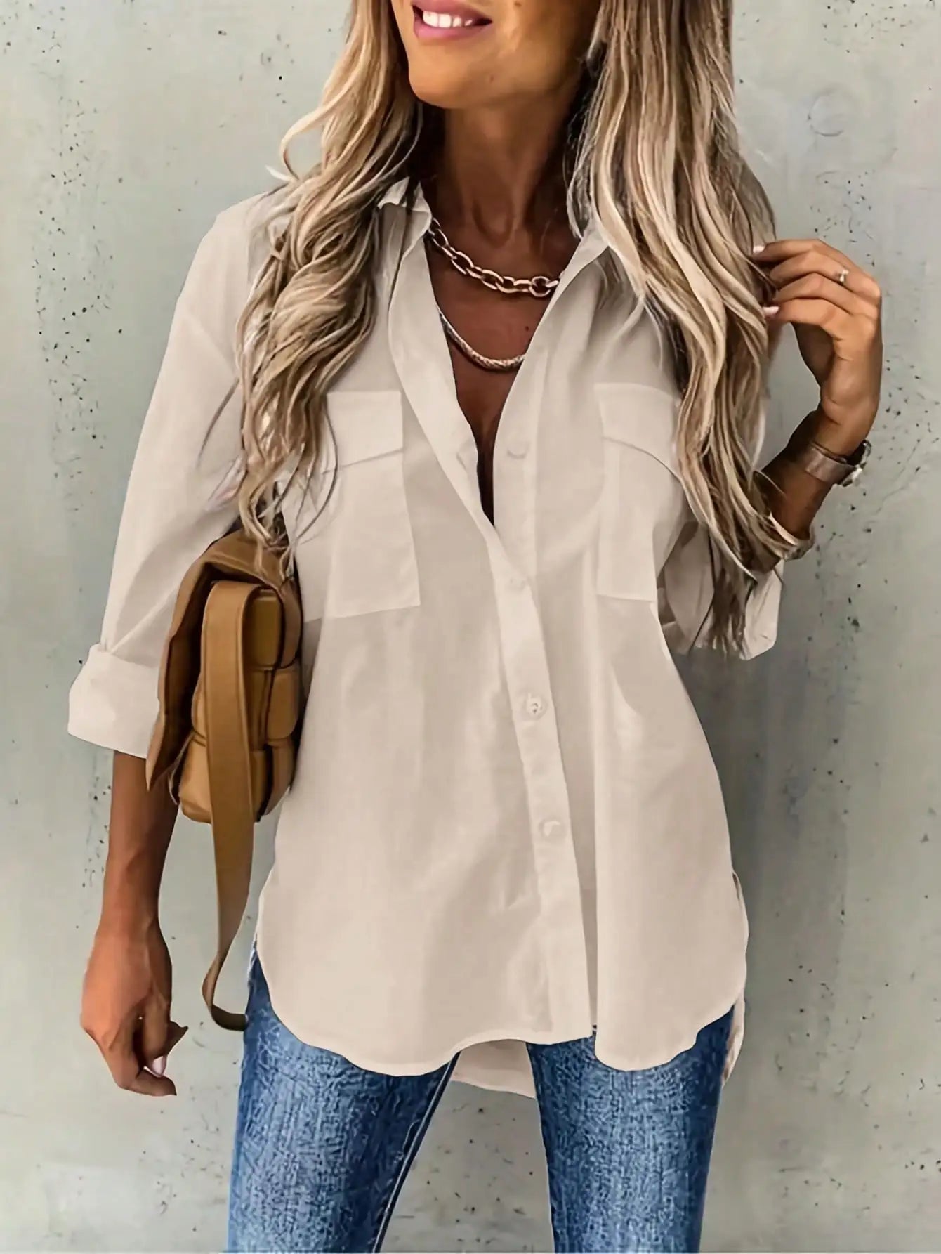 Solid Color Long Rolled Sleeve Button Up Shirt