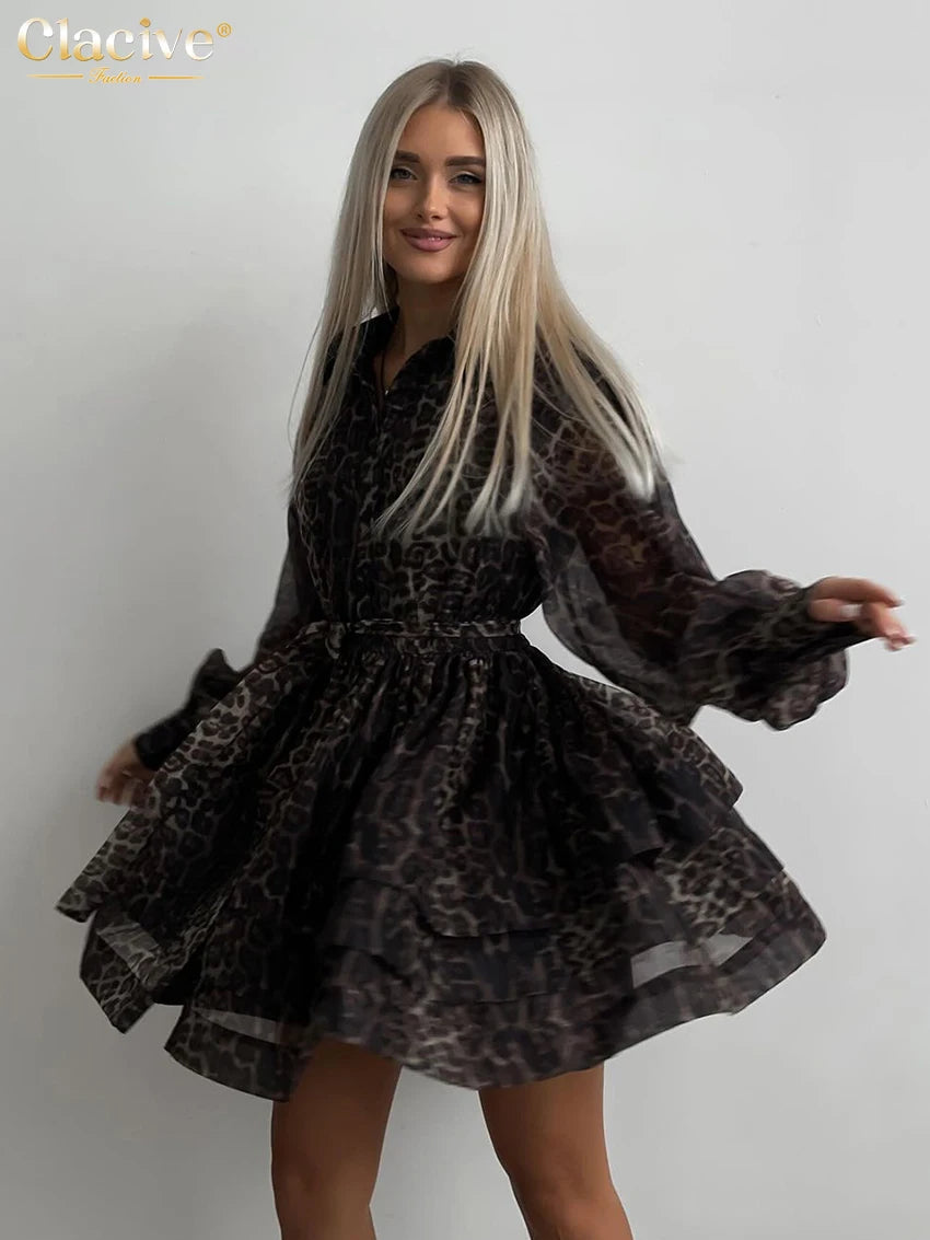 Retro Leopard Print Long Sleeve Mini Dress