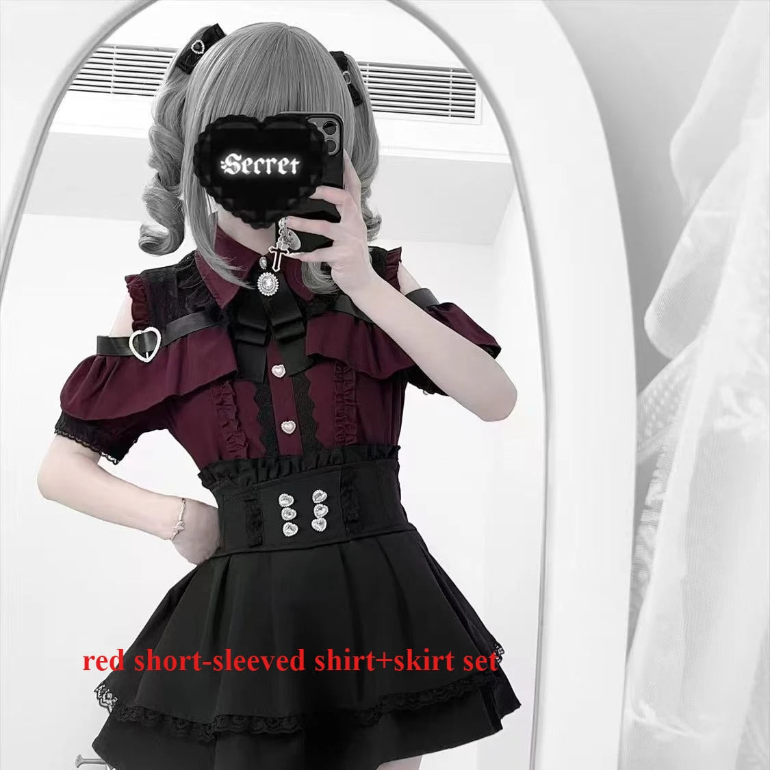 Dark Sweet Heart Ground Type Lolita Set, Ruffle Sleeve Top & A-line Skirt, Cute Kawaii Japanese Style Gothic Coord Outfit S-XL Short-sleeved set 3 Bazaare Mart