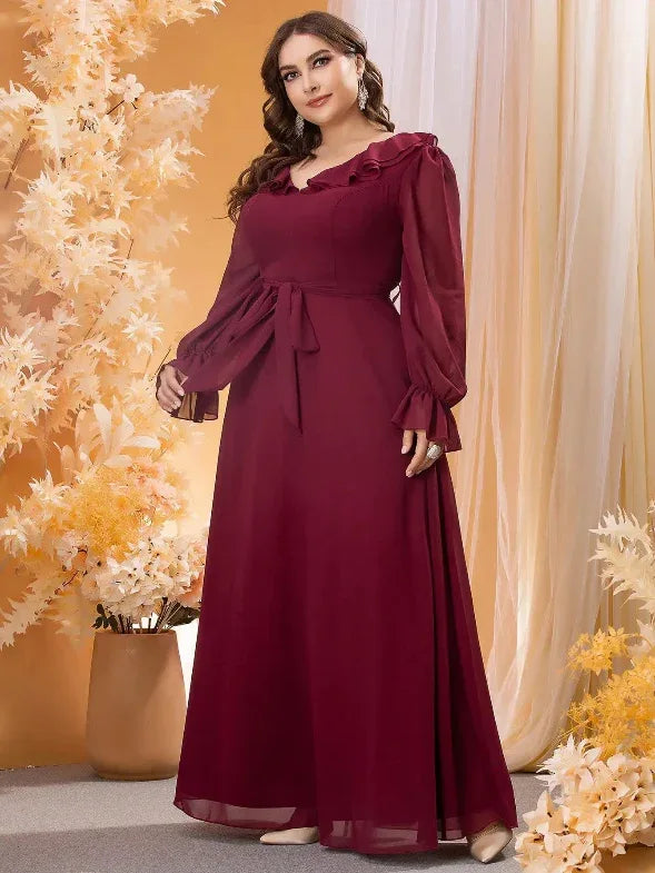 Ruffled V-neck Long Balloon Sleeve Chiffon Evening Dress Bazaare Mart Long Sleeve Maxi Dress