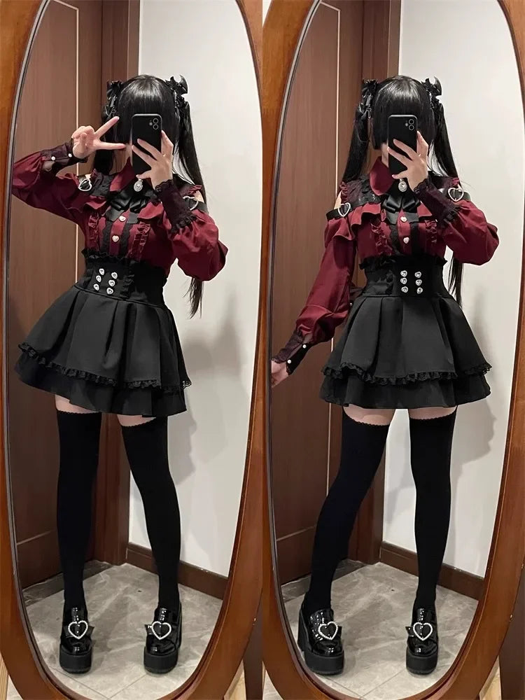 Dark Sweet Heart Ground Type Lolita Set, Ruffle Sleeve Top & A-line Skirt, Cute Kawaii Japanese Style Gothic Coord Outfit S-XL Bazaare Mart