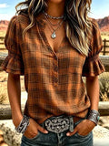 Women's Western Plaid Blouse – Ruffle Sleeve Cowgirl Henley Shirt