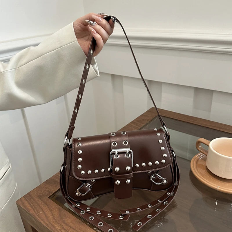 Studded Baguette Shoulder Bag – Faux Leather Punk Rock Shoulder Purse with Buckle & Rivet Details Bazaare Mart Shoulder Purse