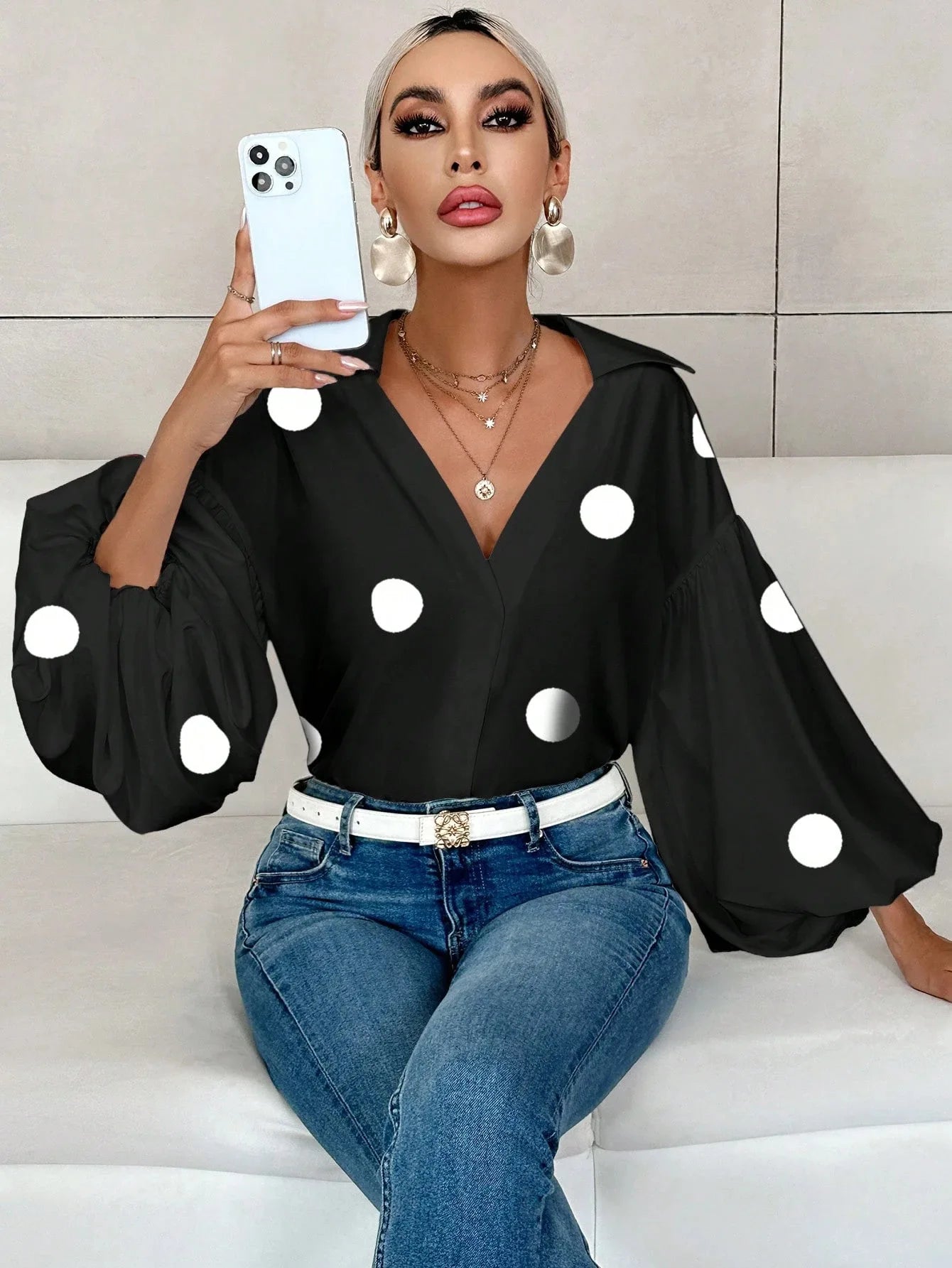 Boho Women's Blouses Spring Fall New Fashion French Polka Dot Half-neck Design Loose Puff Long-sleeve Top Casual Shirts Women Bazaare Mart