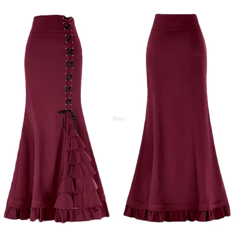 Vintage Steampunk Mermaid Maxi Skirt Bazaare Mart Gothic Vintage Victorian Steampunk Lace-Up Maxi Skirt