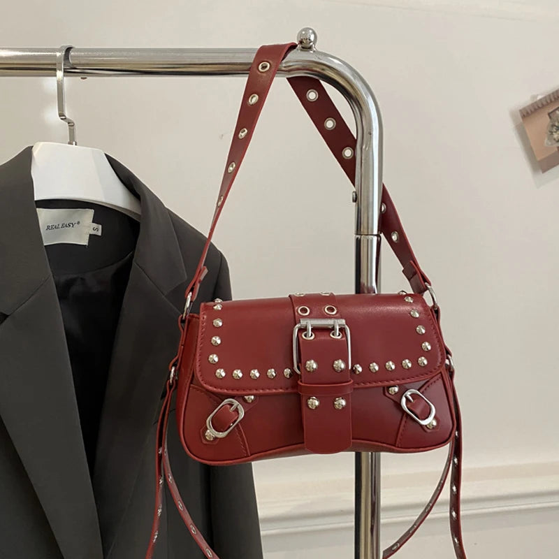 Studded Baguette Shoulder Bag – Faux Leather Punk Rock Shoulder Purse with Buckle & Rivet Details Bazaare Mart Shoulder Purse
