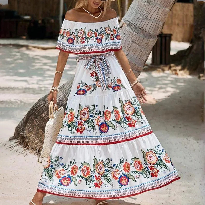 Off-shoulder Long Ruffled Peasant Dress