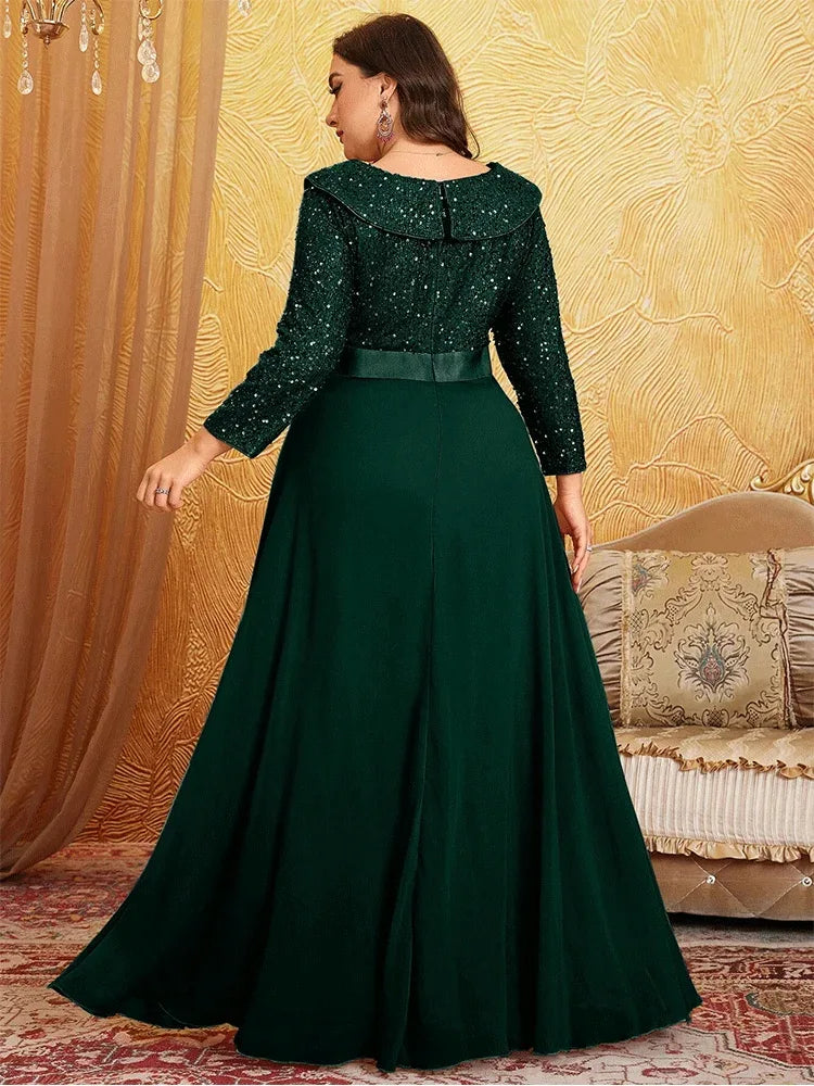V Neck Sequined Long Sleeve Chiffon Evening Gown Bazaare Mart Long Sleeve Evening Gown