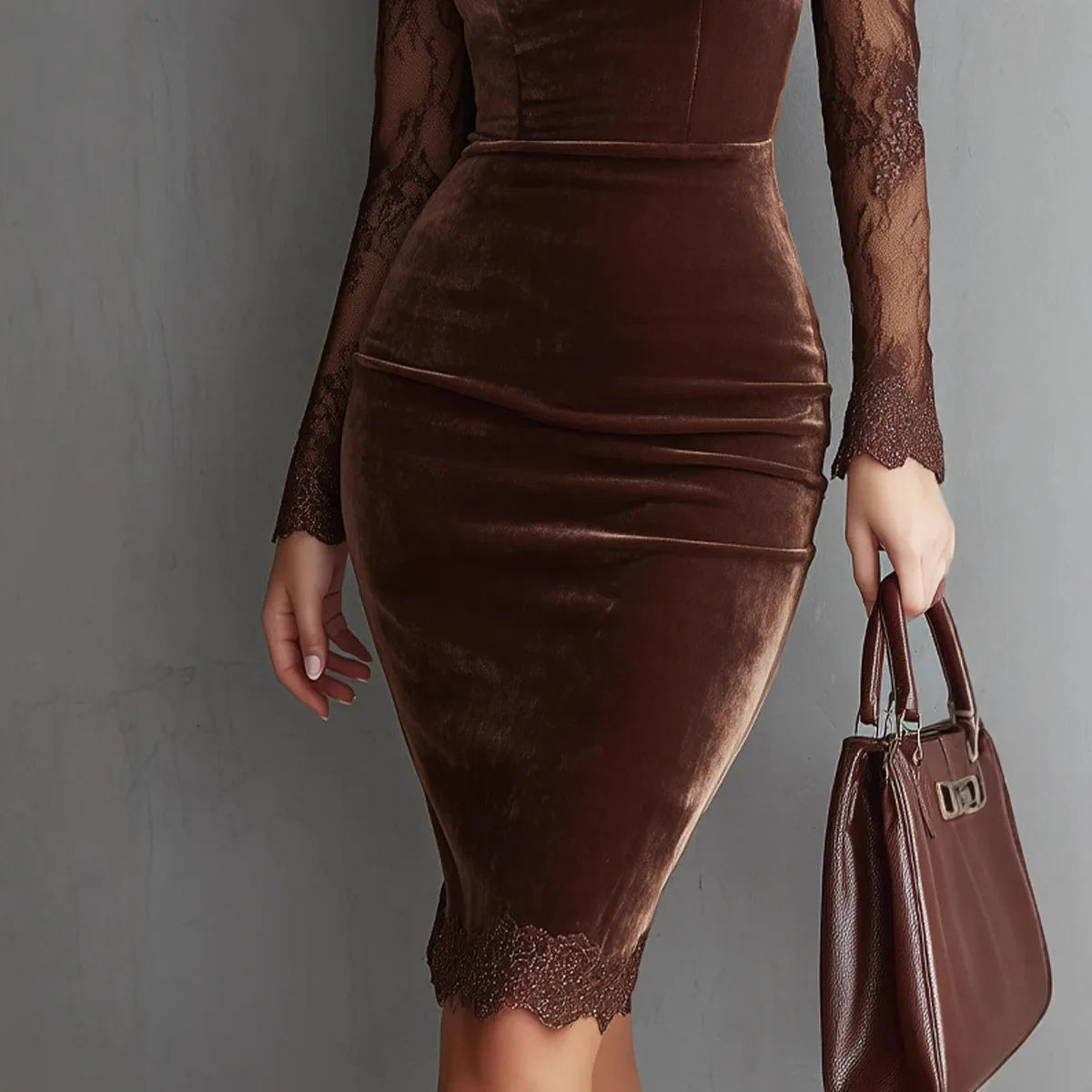 Velvet-Look Bodycon Midi Dress with Sheer Lace Sleeves – Elegant Slim-Fit Evening Dress