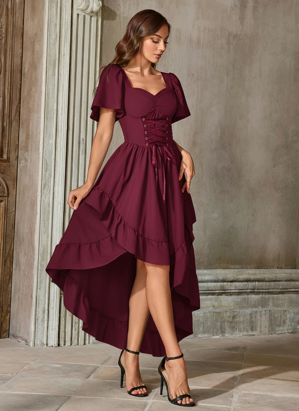 Burgundy High-Low Renaissance Dress with Corset-Style Bodice