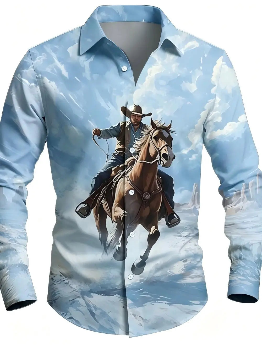 Men's Western Cowboy Riding Shirt – 3D Printed Long Sleeve Button-Up