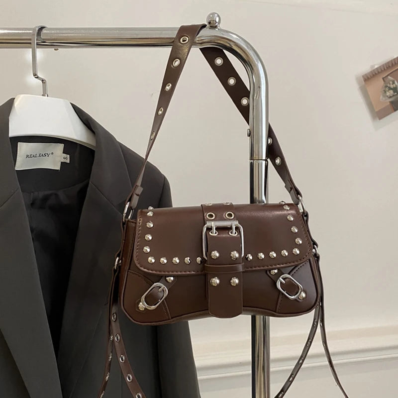 Studded Baguette Shoulder Bag – Faux Leather Punk Rock Shoulder Purse with Buckle & Rivet Details Bazaare Mart Shoulder Purse