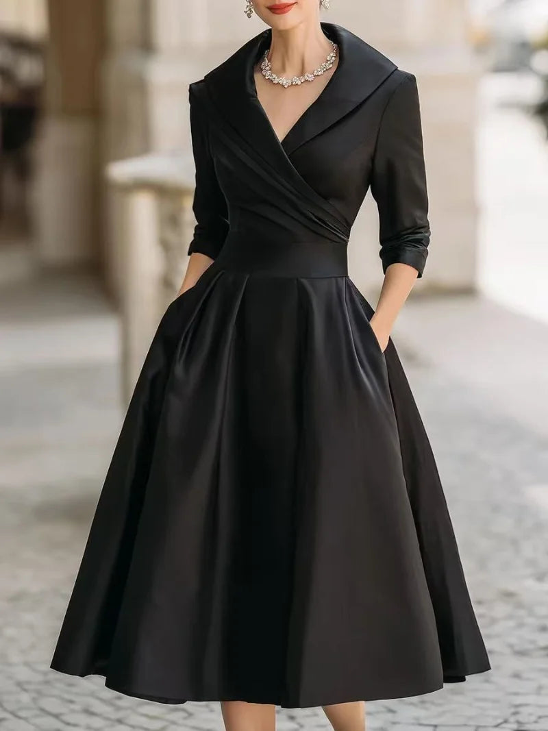 Classy Classic Lapel Cross Pleated Waist A-shaped Midi Dress black Bazaare Mart Classic Midi Dress