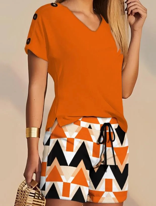 Women's V-Neck Top & Drawstring Shorts Set – Casual Summer Two-Piece Outfit, Sizes S-3X Bazaare Mart Shorts Set