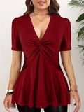 Plus Size Twisted V-Neck T-Shirt – Women's Slim Fit Short Sleeve Casual Summer Top Red Bazaare Mart Short Sleeve V-Neck Top