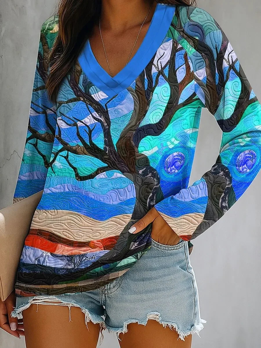 Ombre Graphic Winter Tree Long Sleeve V-Neck T-Shirts