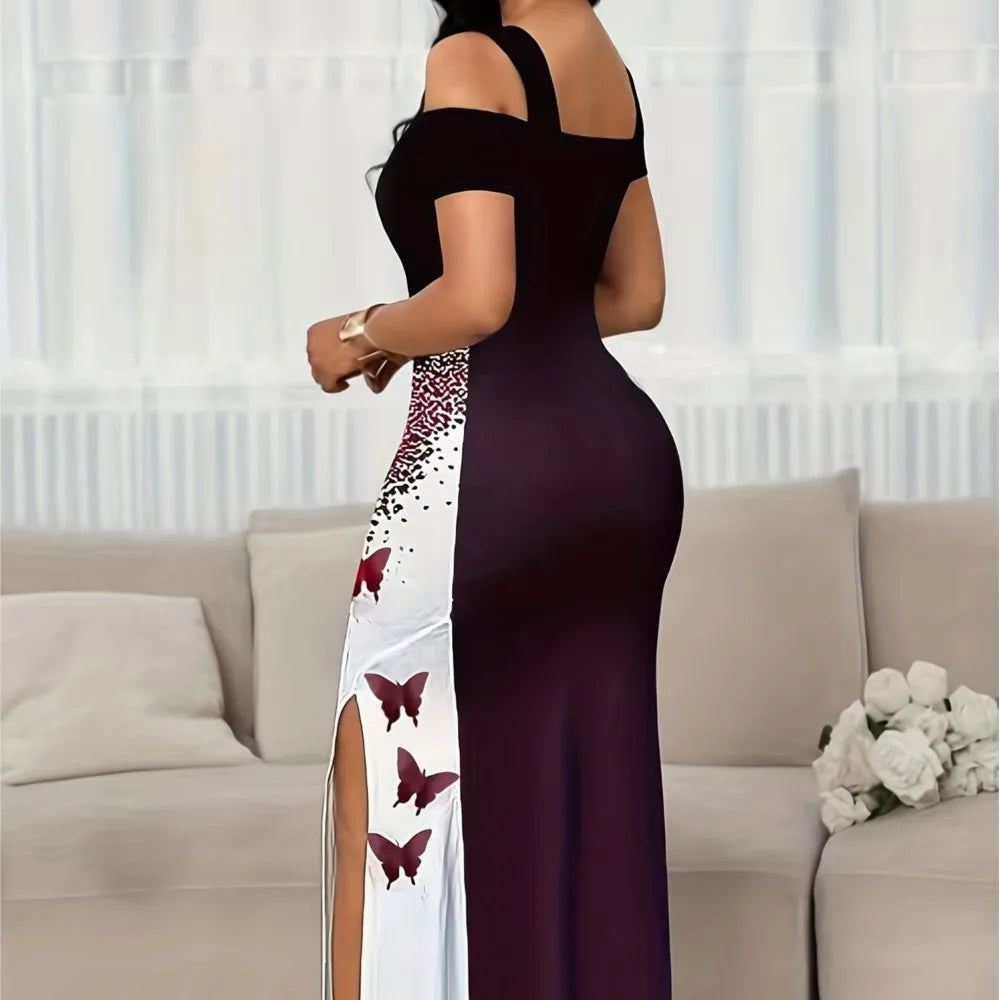 Summer Long Dress Elegant Fashionable Slim-fitting Printed Commuting Style V-neck Off-shoulder Slit Mid-waist Sleeveless Dresses Bazaare Mart