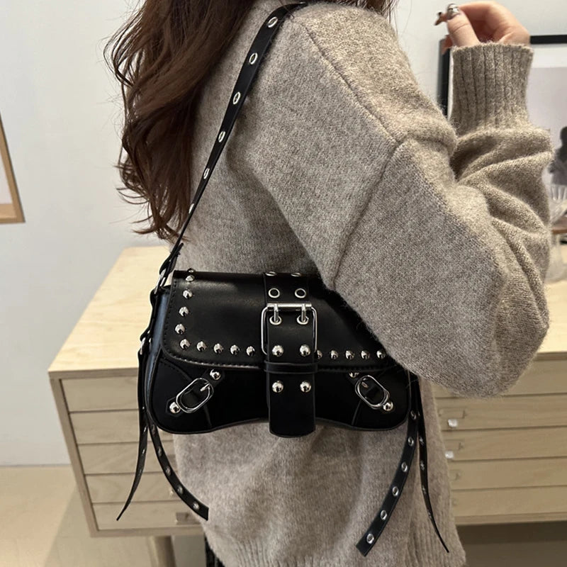 Studded Baguette Shoulder Bag – Faux Leather Punk Rock Shoulder Purse with Buckle & Rivet Details Bazaare Mart Shoulder Purse