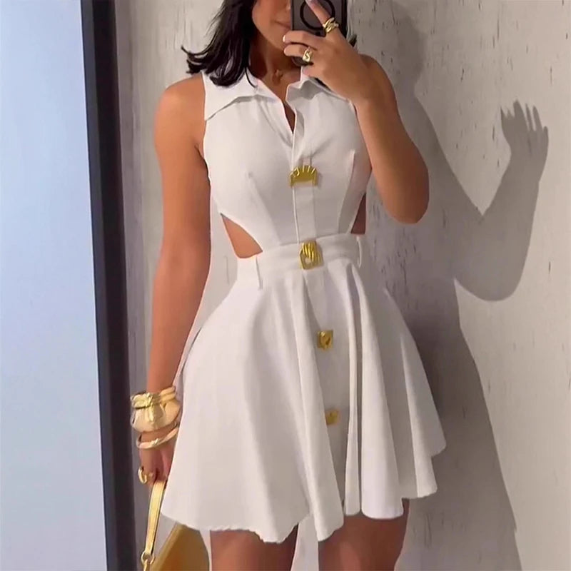 Women's Sleeveless A-Line Shirt Dress – High Waist Pleated Button Front Mini Dress