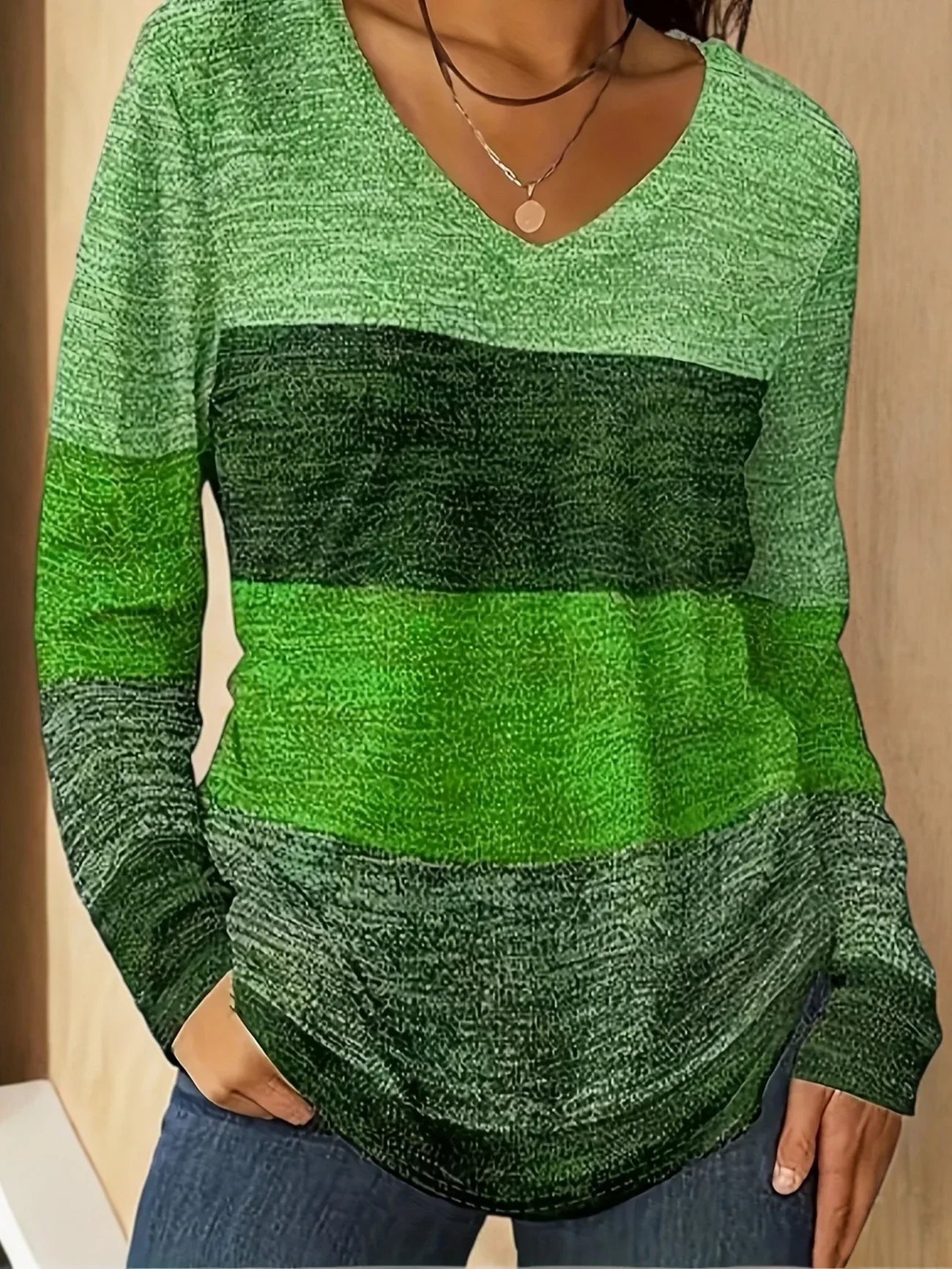 V-Neck Striped Color Block Long Sleeve Top